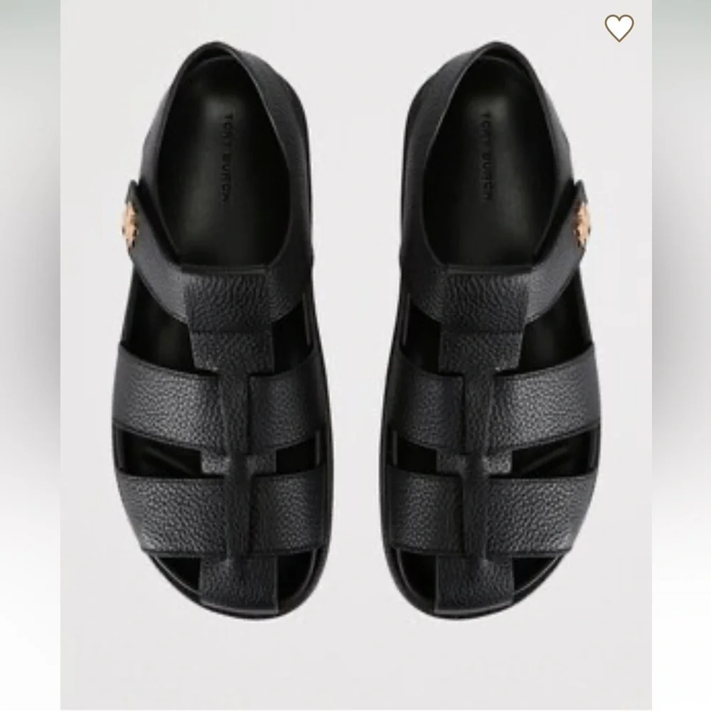 Tory Burch Black Fisherman Leather Sandals with Gold Logo